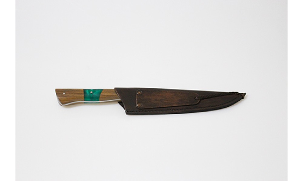 faca 8” aço inox com lamina vazada “sicoob”, cabo hibrido e bainha em couro - am-08eh
